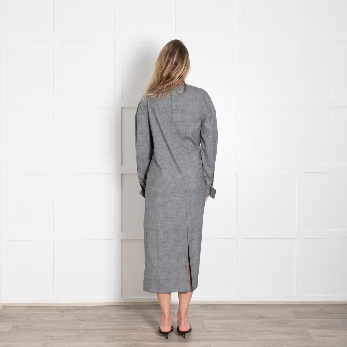 Tibi Grey Checked Long Sleeve Stud Detail Front Midi Dress