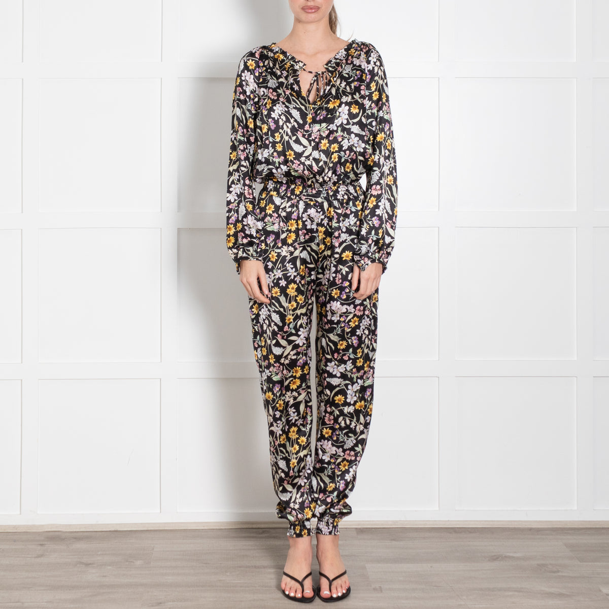 Ridley Black Cream Yellow Floral Elasticated Waist Jumpsuit