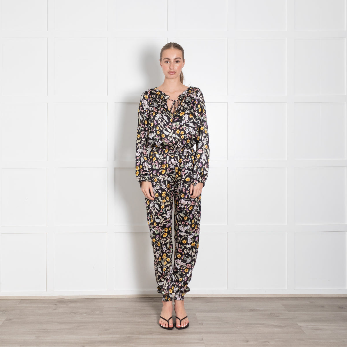 Ridley Black Cream Yellow Floral Elasticated Waist Jumpsuit