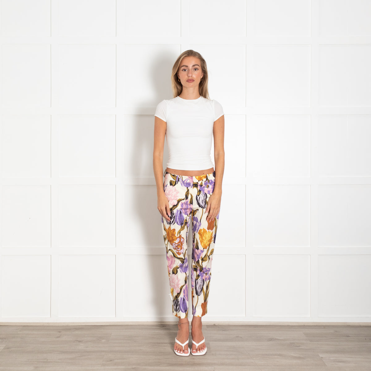 Weekend Max Mara Cream Lilac Brown Floral Cropped Cotton Trousers