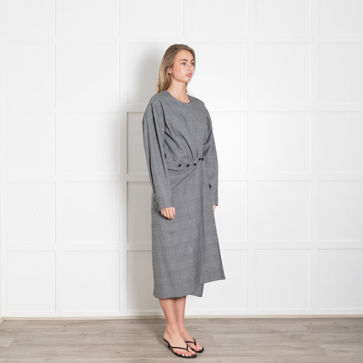 Tibi Grey Checked Long Sleeve Stud Detail Front Midi Dress