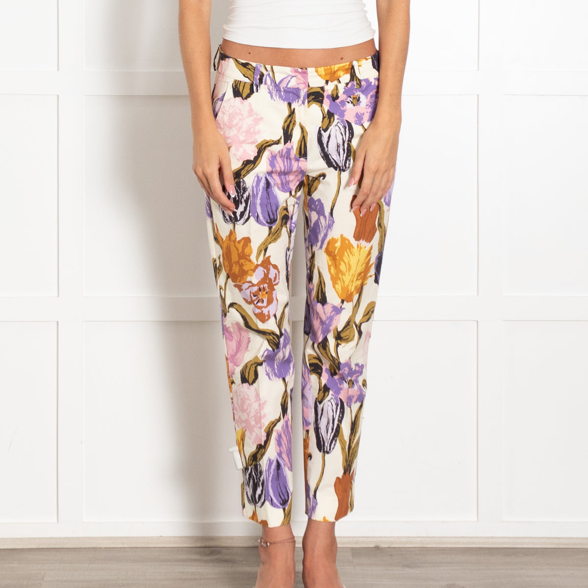 Weekend Max Mara Cream Lilac Brown Floral Cropped Cotton Trousers