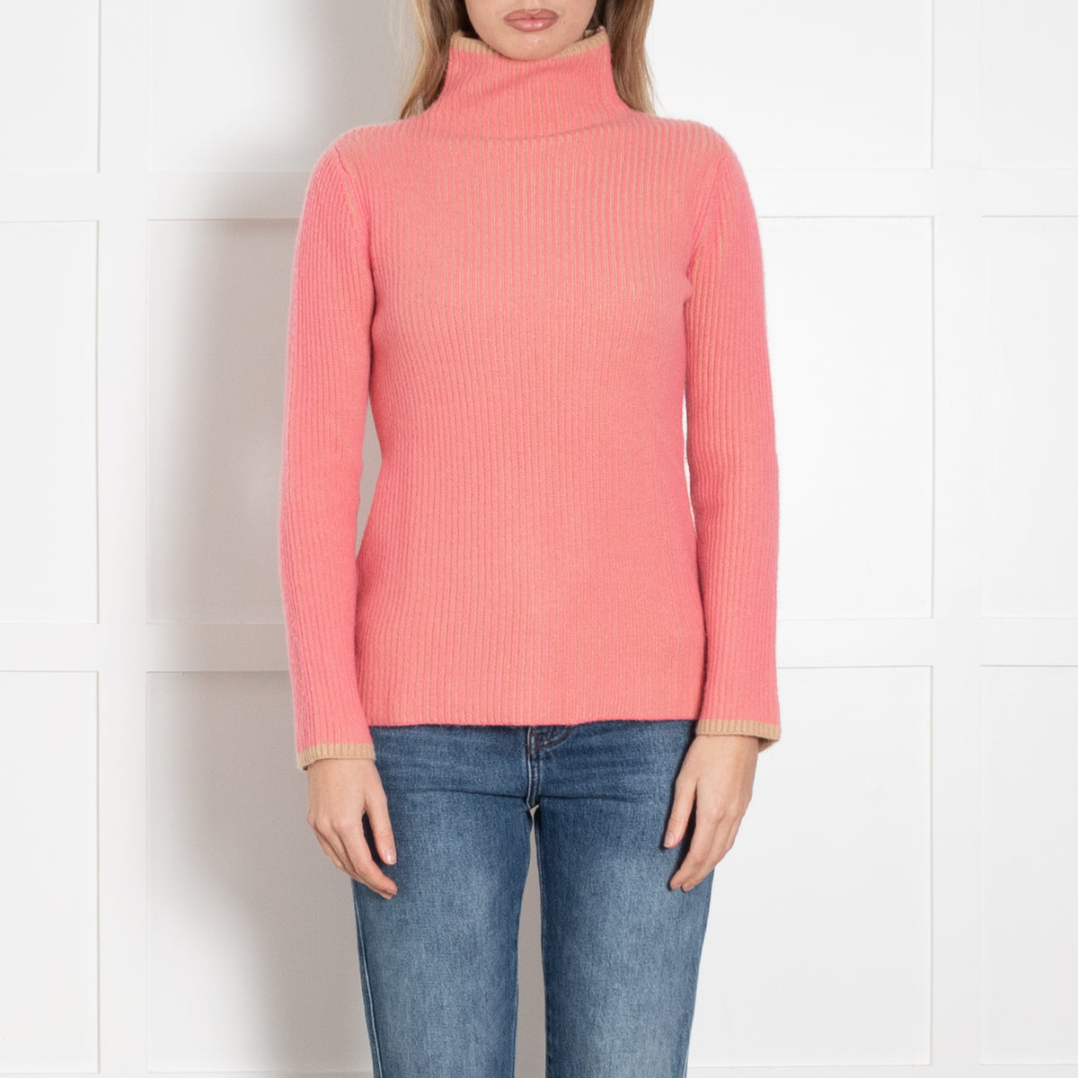 Chicca Lualdi Beige Neon Orange Ribbed High Neck Cashmere Sweater