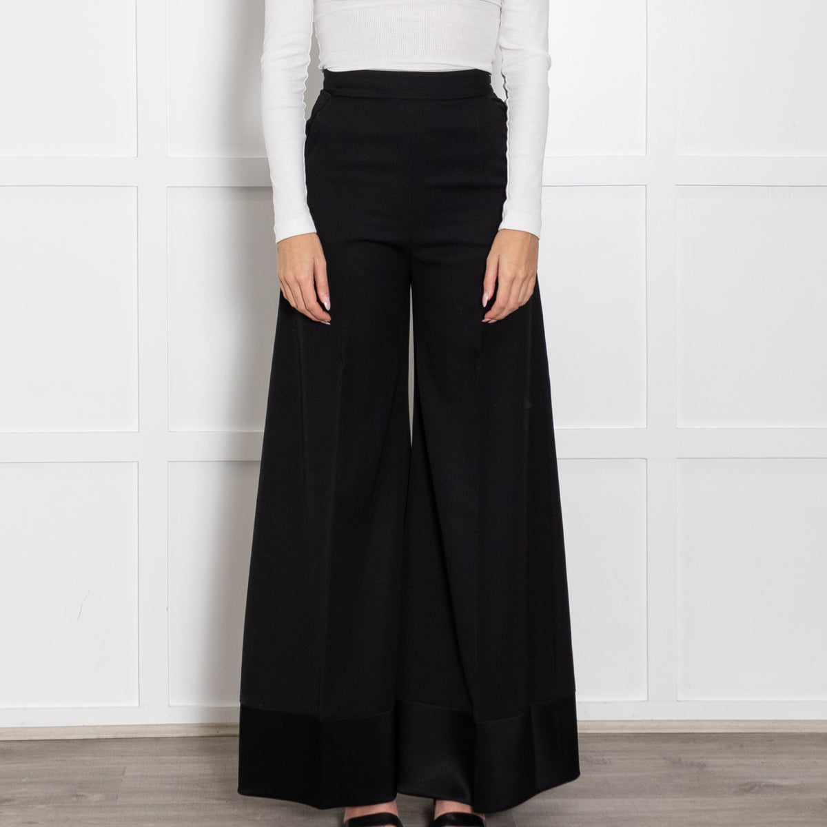 Racil Black Satin Trim High Waisted Flared Trousers