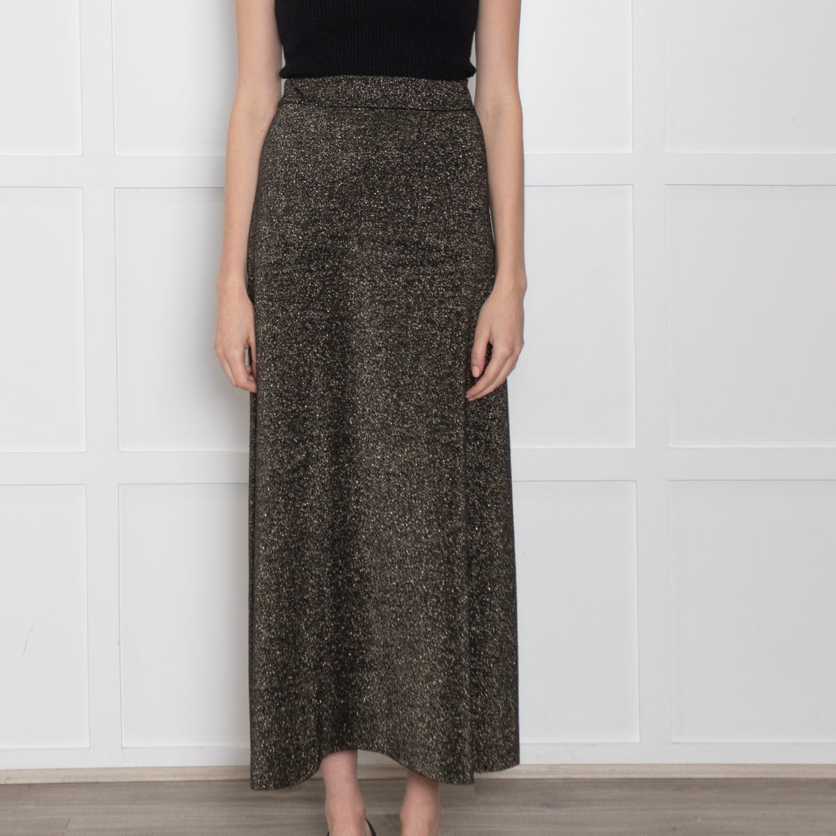 Cefinn Black & Gold Wool/Lurex Long Elasticated Waist Skirt