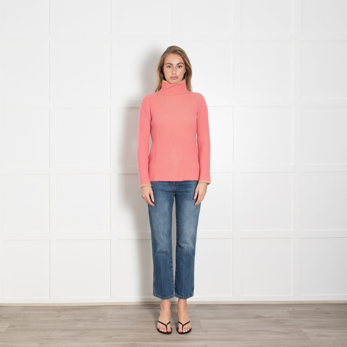 Chicca Lualdi Beige Neon Orange Ribbed High Neck Cashmere Sweater