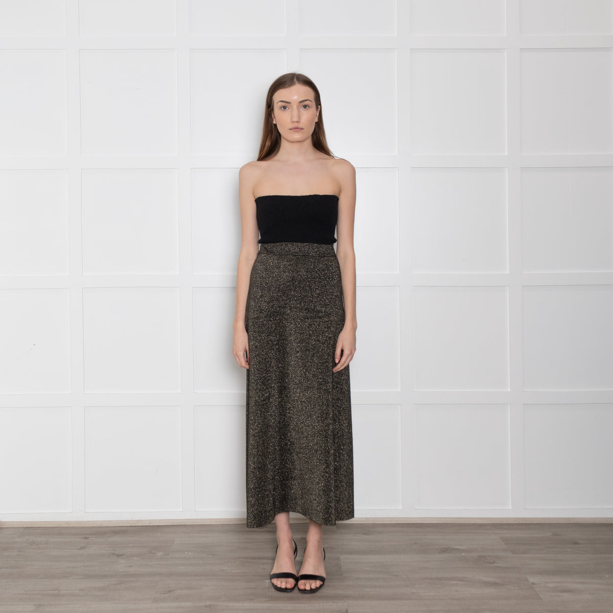 Cefinn Black & Gold Wool/Lurex Long Elasticated Waist Skirt