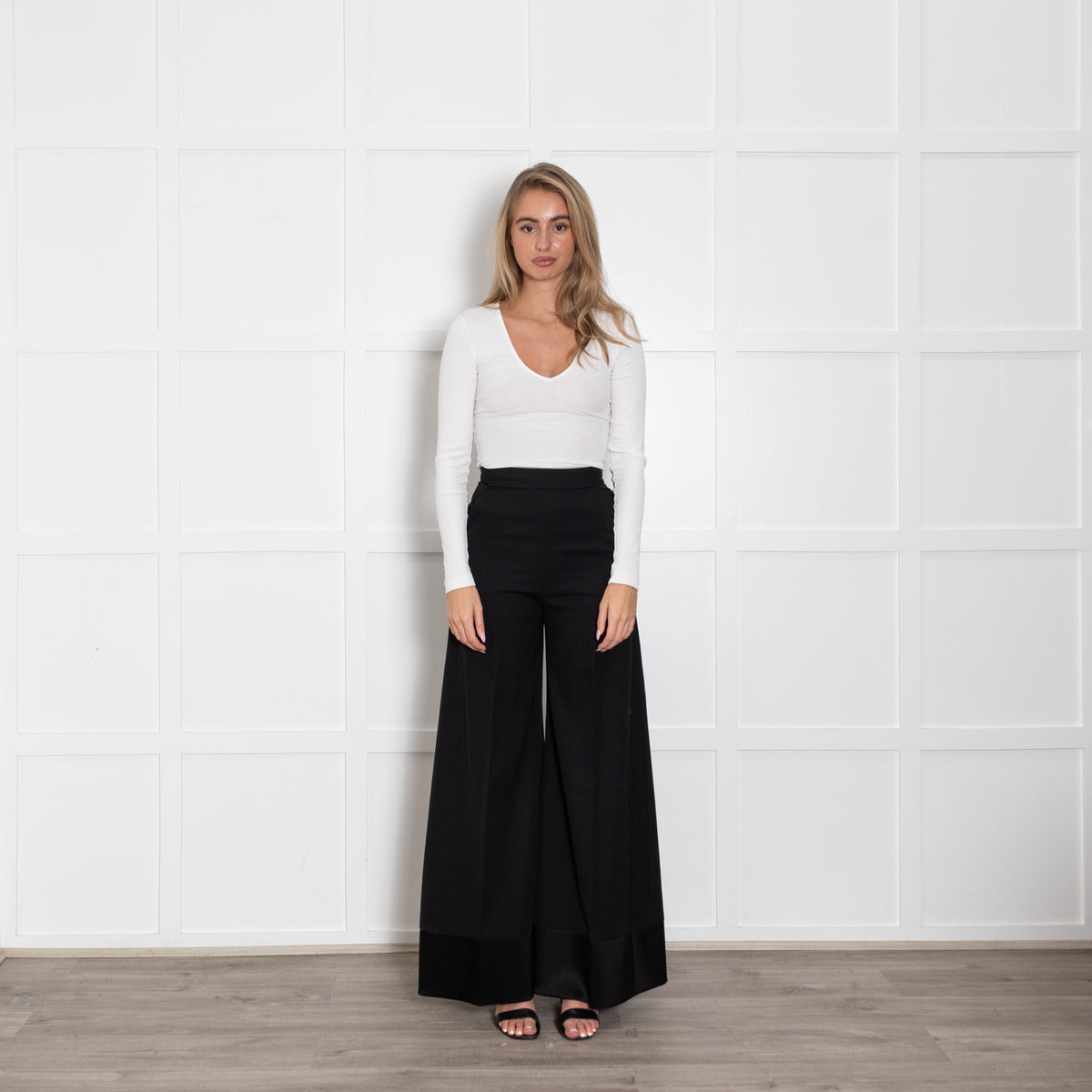 Racil Black Satin Trim High Waisted Flared Trousers