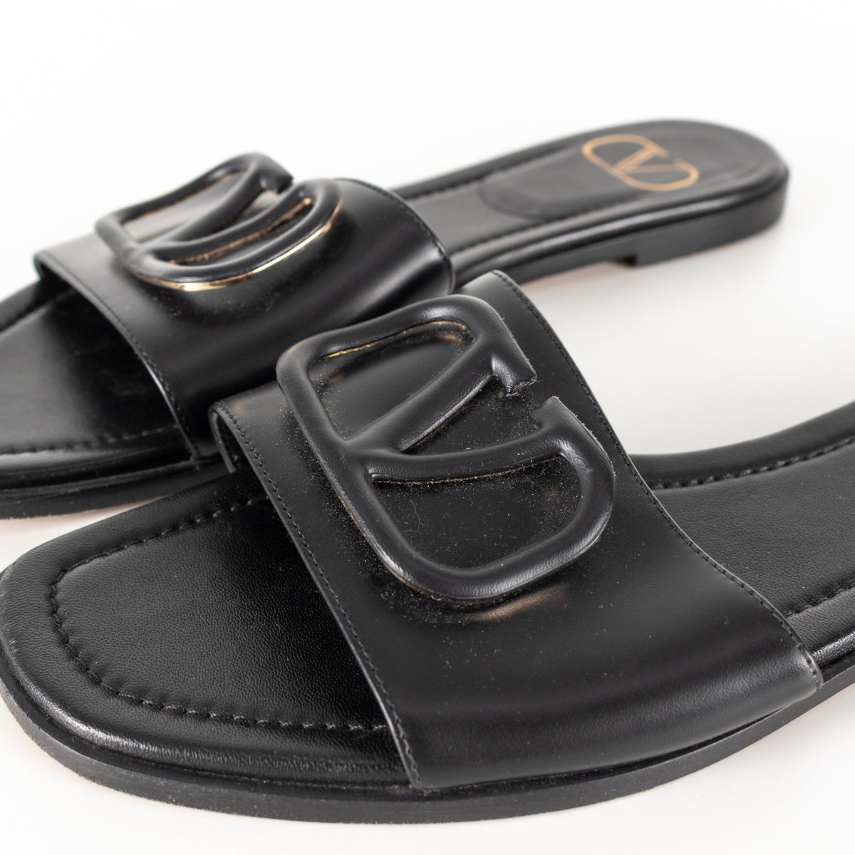 Valentino Black Leather Logo Sliders