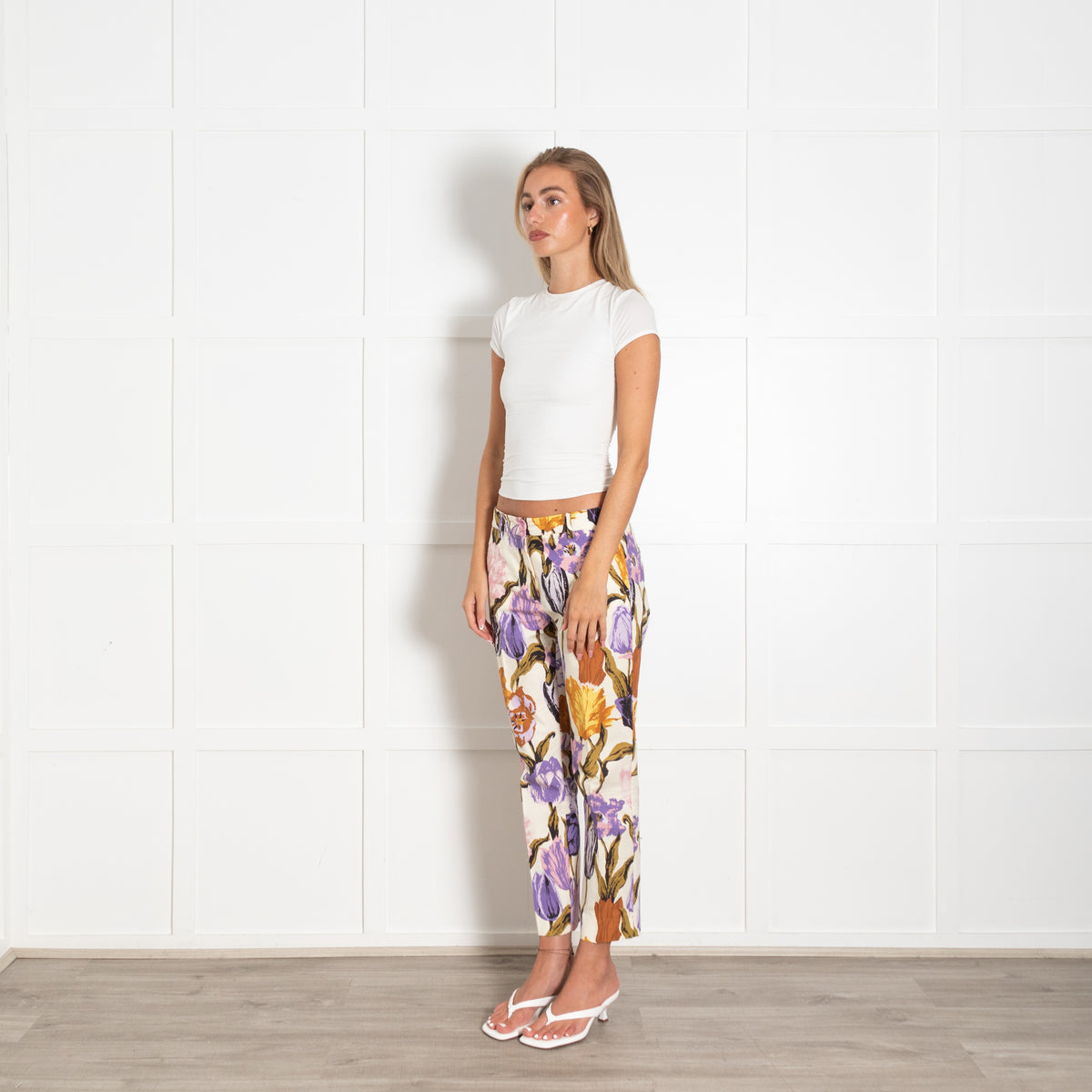 Weekend Max Mara Cream Lilac Brown Floral Cropped Cotton Trousers