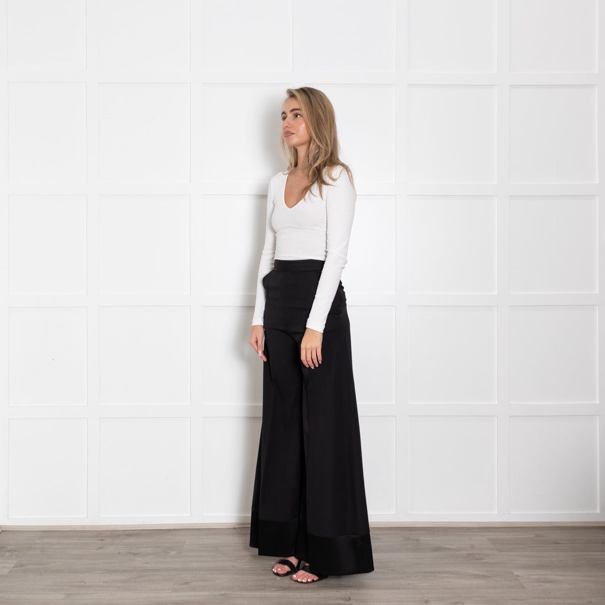 Racil Black Satin Trim High Waisted Flared Trousers