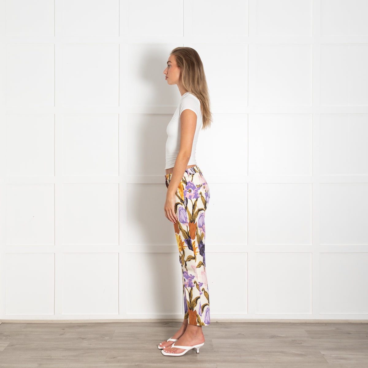Weekend Max Mara Cream Lilac Brown Floral Cropped Cotton Trousers