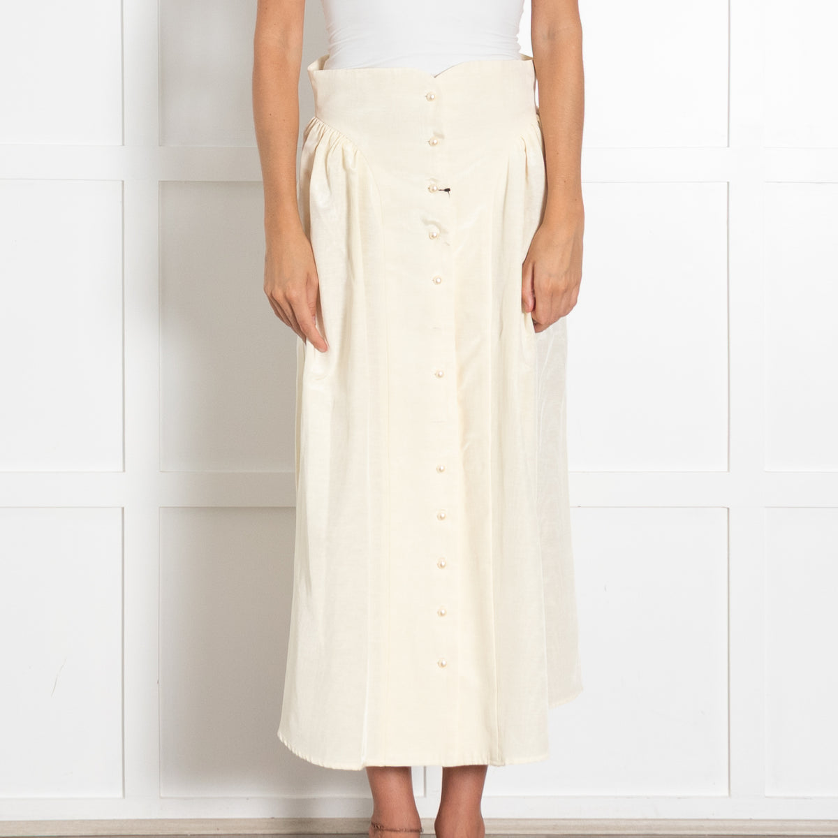 Batsheva Yellow Faux Pearl Button Detail Midi Skirt