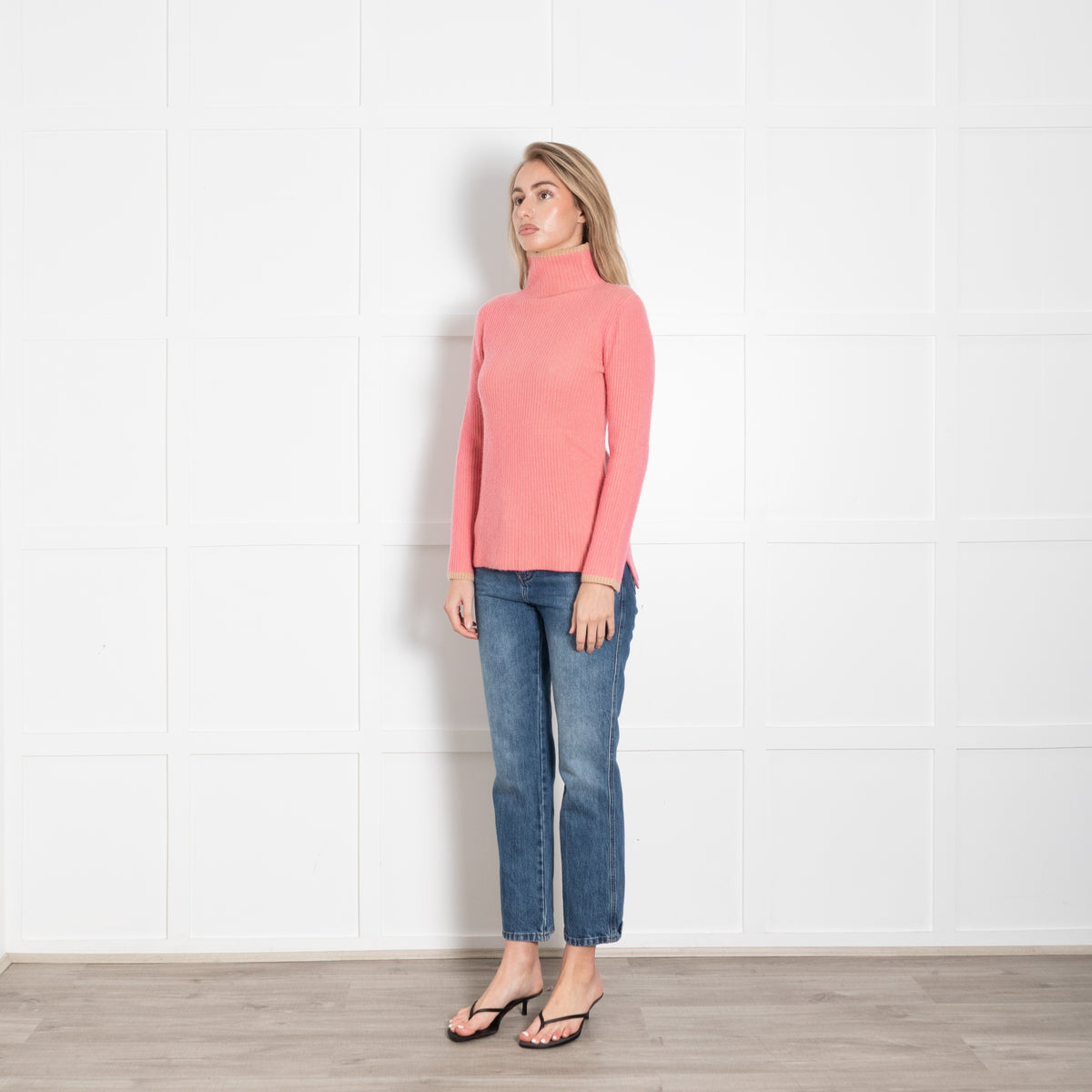 Chicca Lualdi Beige Neon Orange Ribbed High Neck Cashmere Sweater