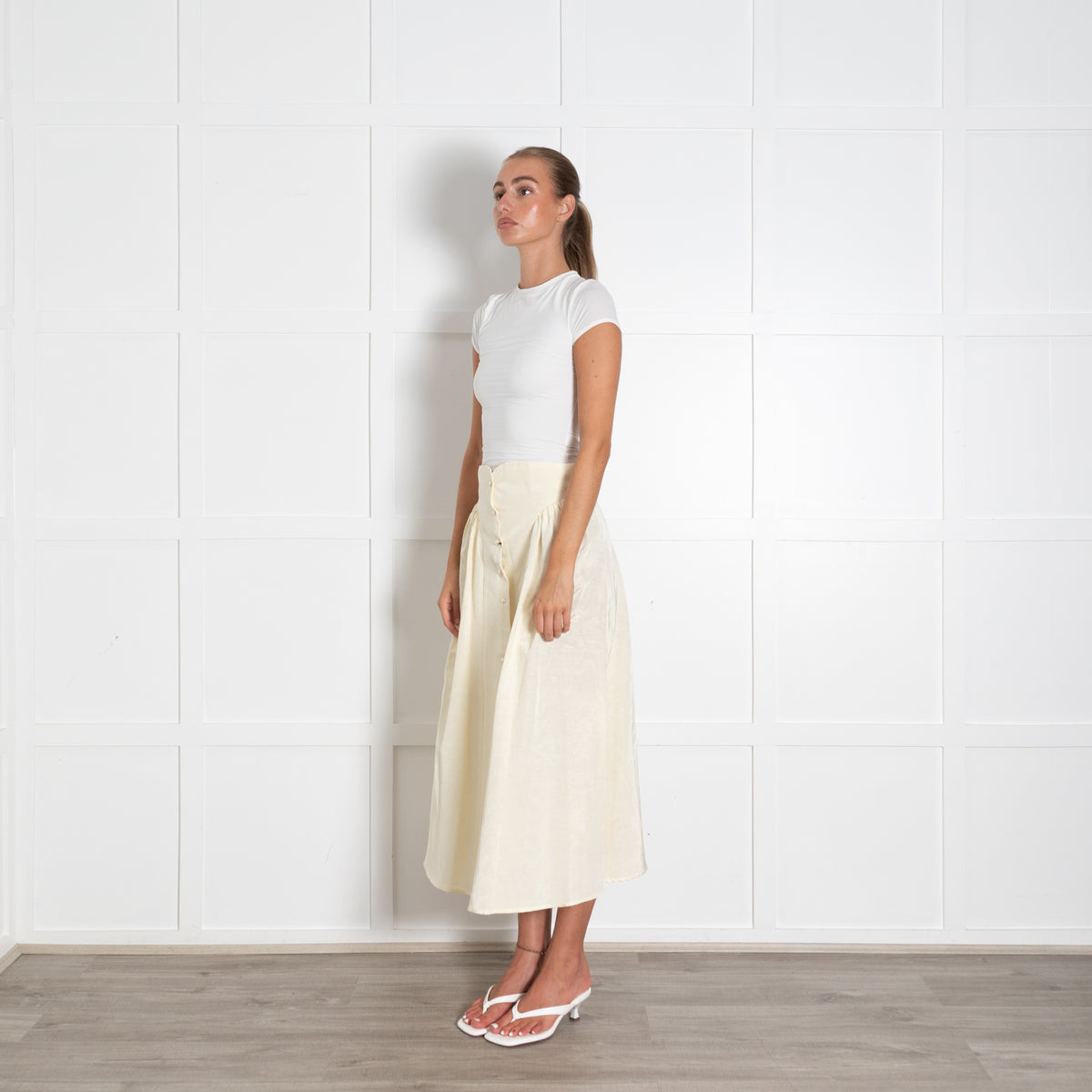 Batsheva Yellow Faux Pearl Button Detail Midi Skirt