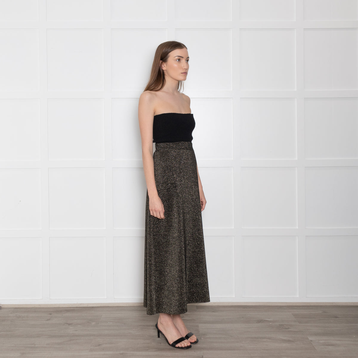Cefinn Black & Gold Wool/Lurex Long Elasticated Waist Skirt