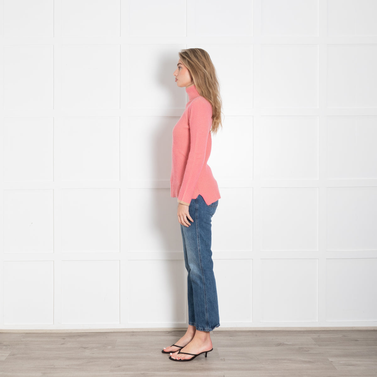 Chicca Lualdi Beige Neon Orange Ribbed High Neck Cashmere Sweater