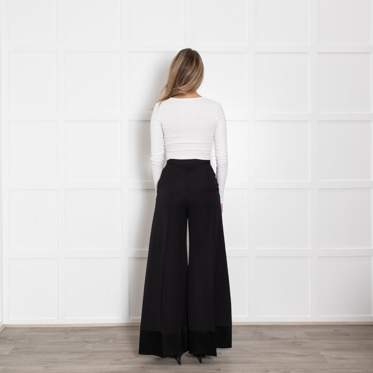 Racil Black Satin Trim High Waisted Flared Trousers