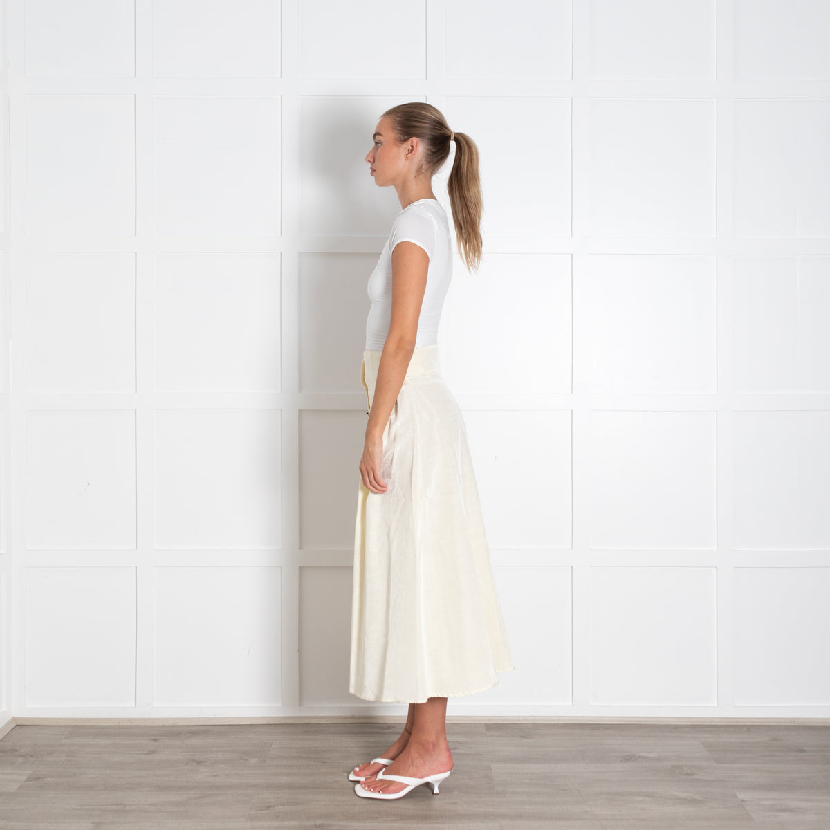 Batsheva Yellow Faux Pearl Button Detail Midi Skirt