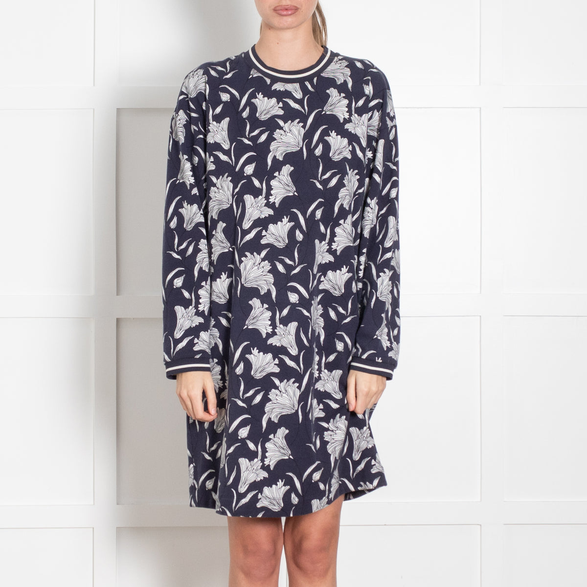 Weekend Max Mara  Blue White Long Sleeve Floral T-Shirt Jersey Dress