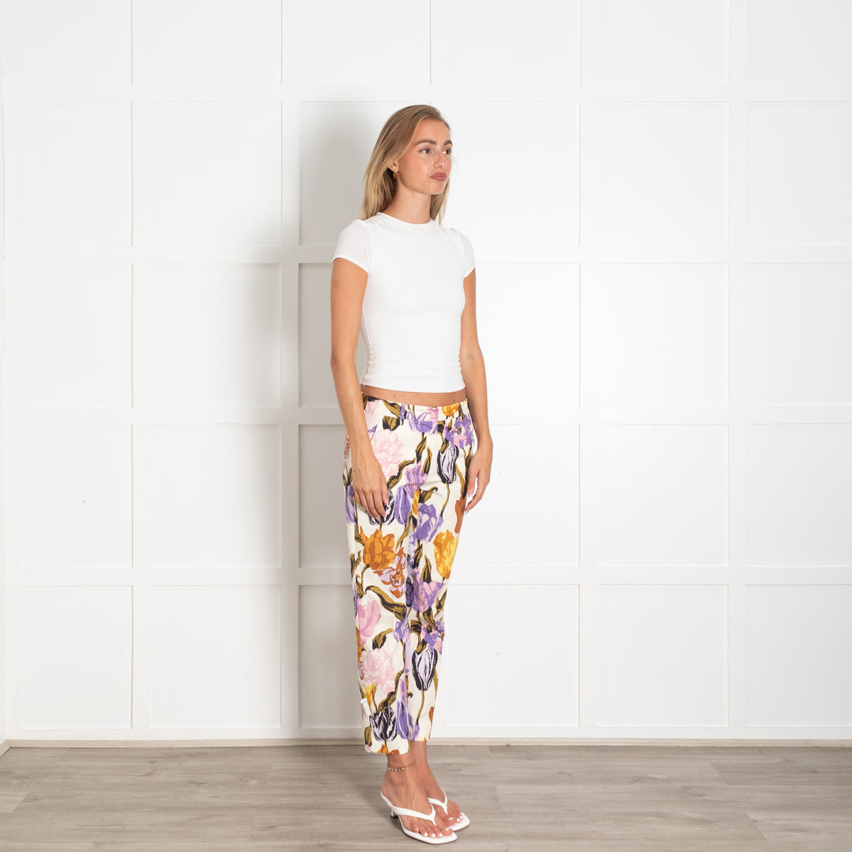 Weekend Max Mara Cream Lilac Brown Floral Cropped Cotton Trousers