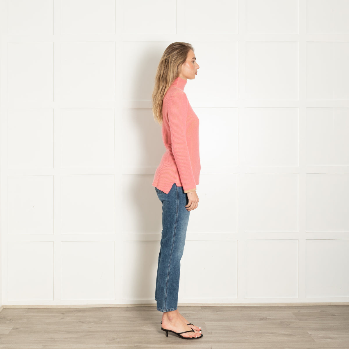 Chicca Lualdi Beige Neon Orange Ribbed High Neck Cashmere Sweater