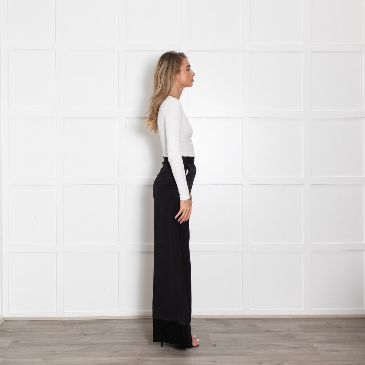 Racil Black Satin Trim High Waisted Flared Trousers