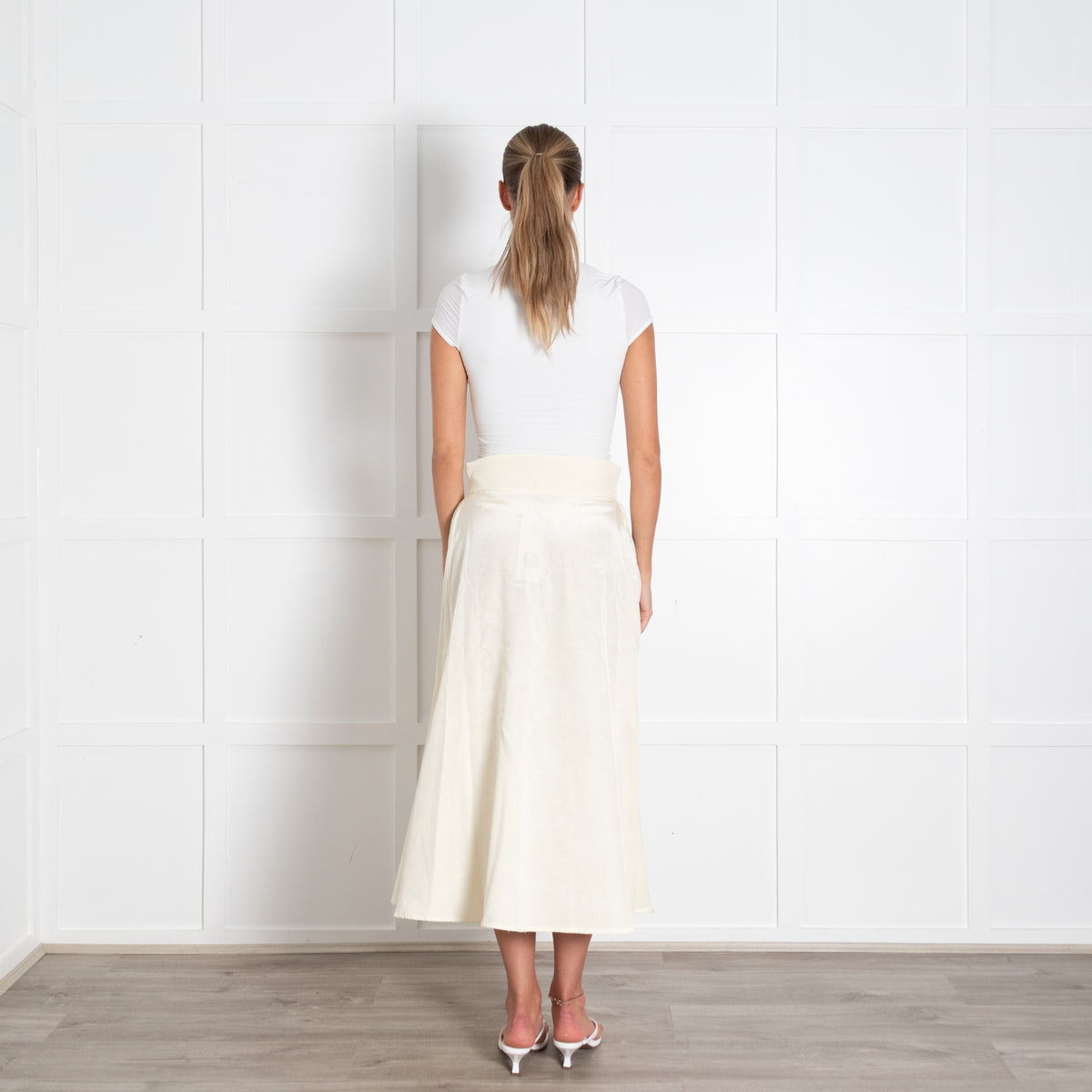 Batsheva Yellow Faux Pearl Button Detail Midi Skirt