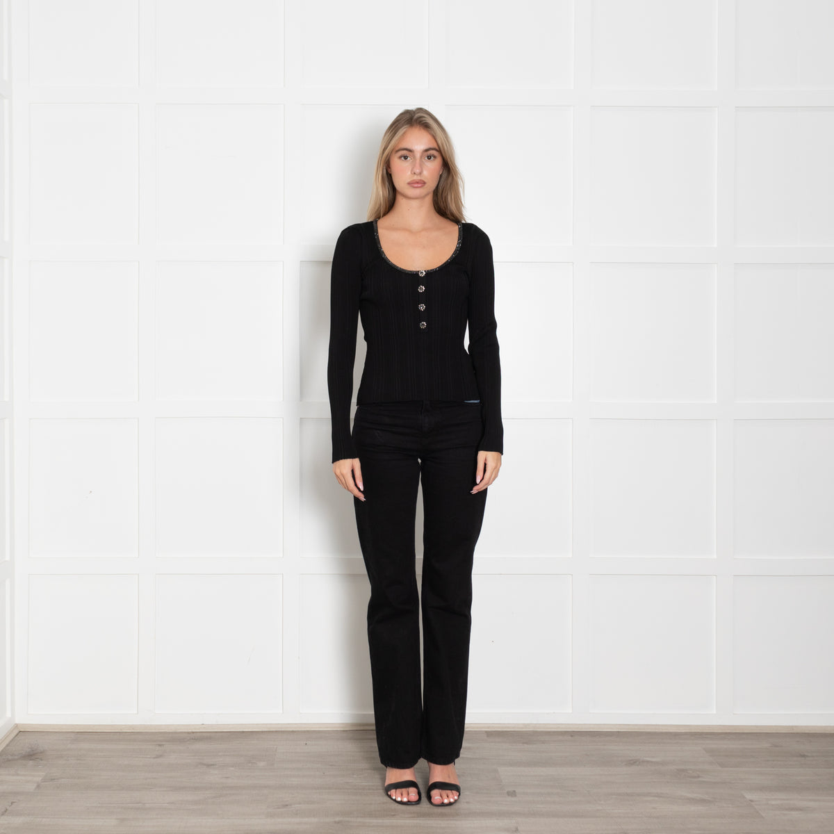 Self Portrait Black Knit Top with Diamante Trim