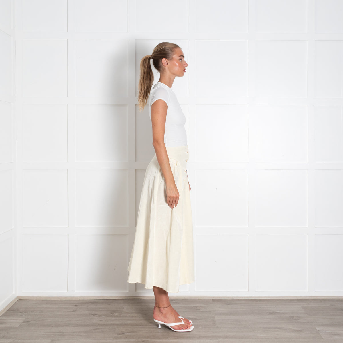 Batsheva Yellow Faux Pearl Button Detail Midi Skirt