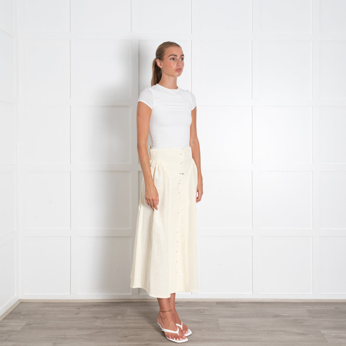Batsheva Yellow Faux Pearl Button Detail Midi Skirt