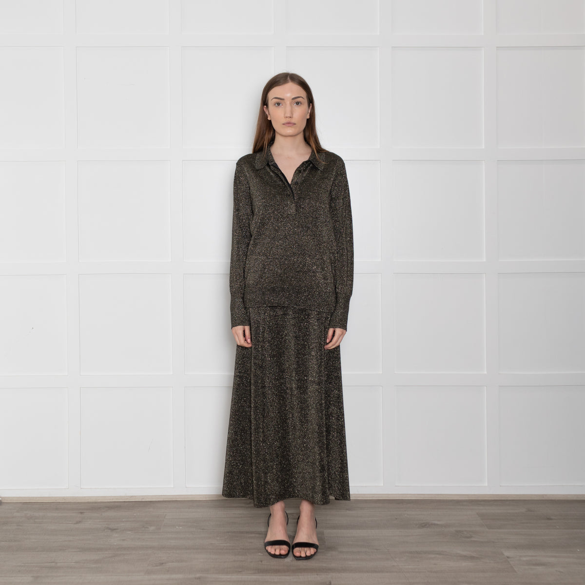 Cefinn Black & Gold Wool/Lurex Long Elasticated Waist Skirt