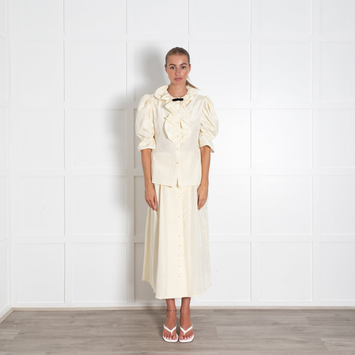 Batsheva Yellow Faux Pearl Button Puff Sleeve Blouse