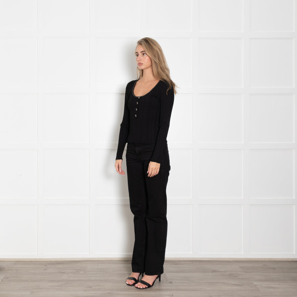 Self Portrait Black Knit Top with Diamante Trim