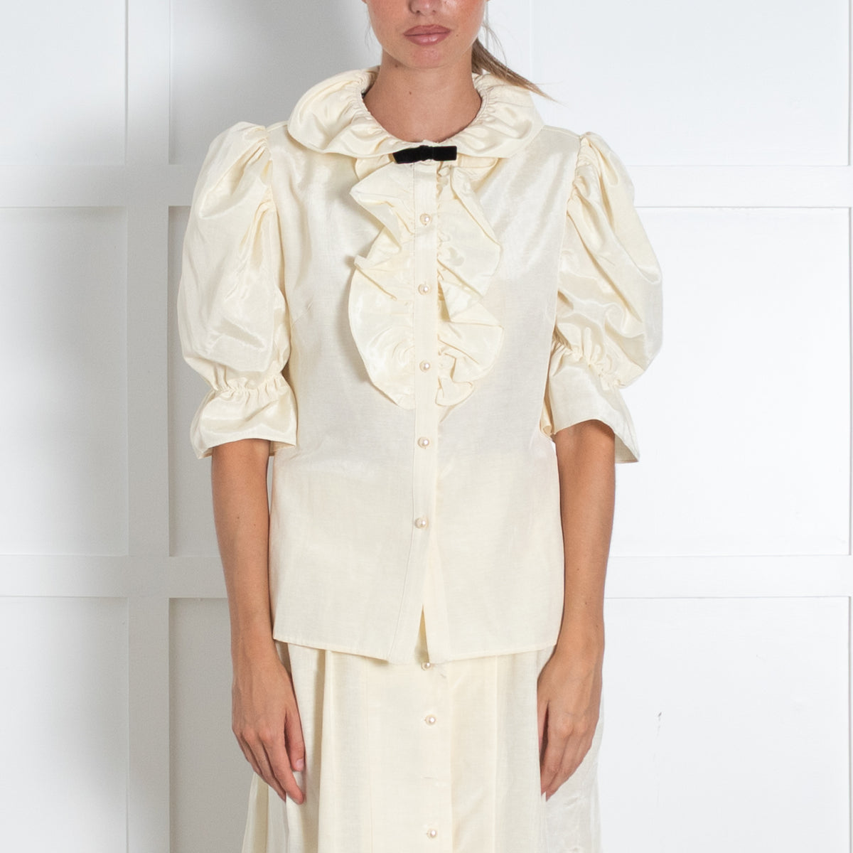 Batsheva Yellow Faux Pearl Button Puff Sleeve Blouse