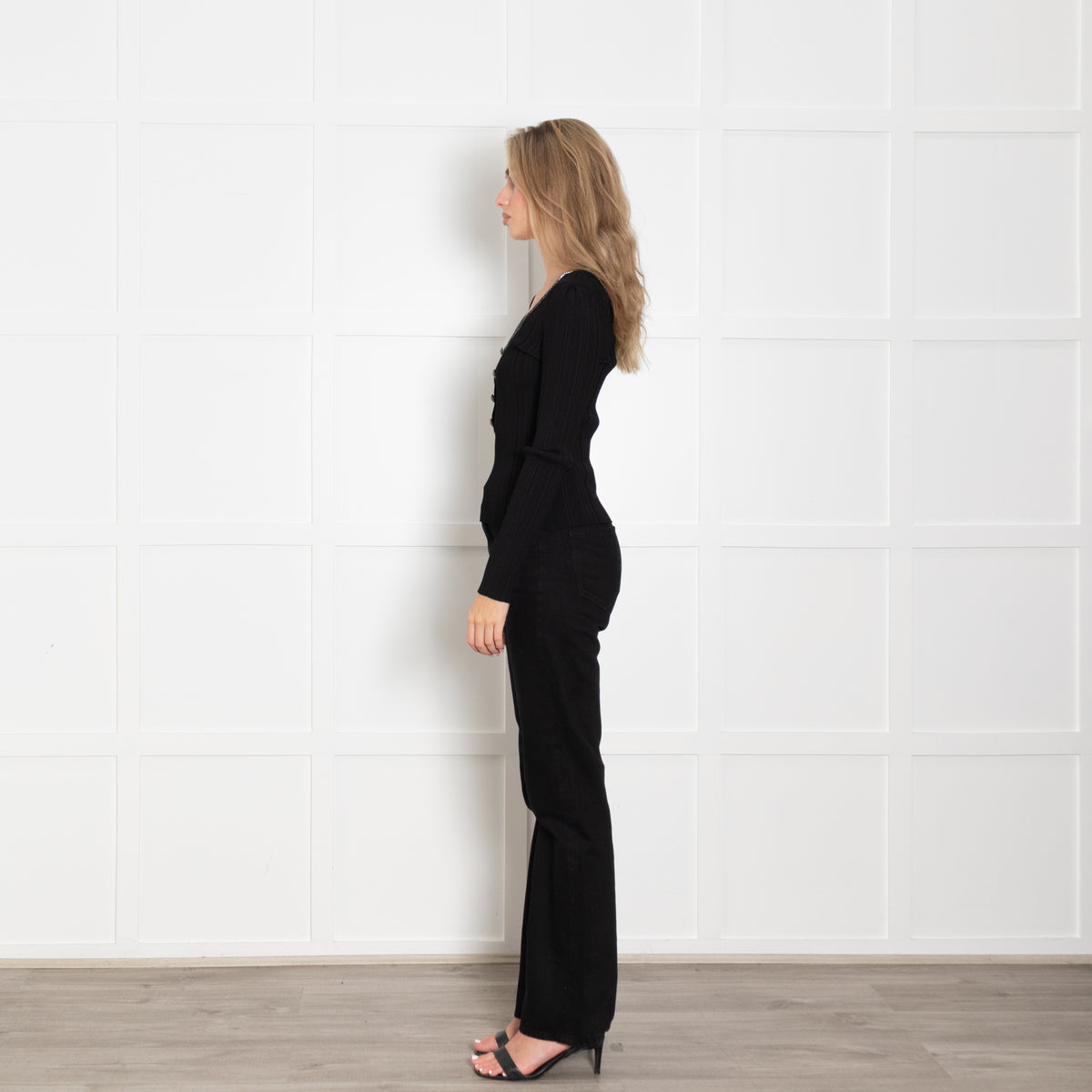Self Portrait Black Knit Top with Diamante Trim