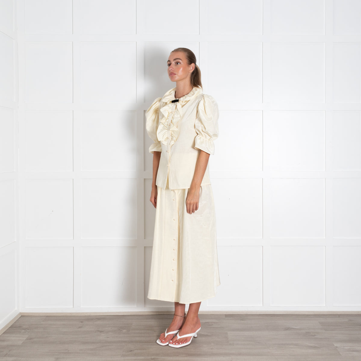 Batsheva Yellow Faux Pearl Button Puff Sleeve Blouse