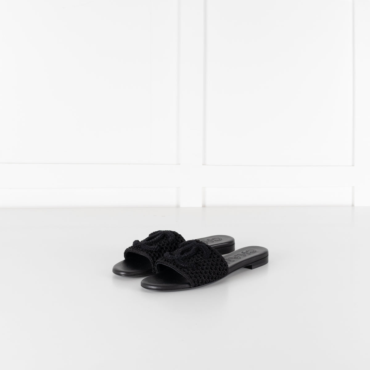 Chanel Black Crochet CC Sliders