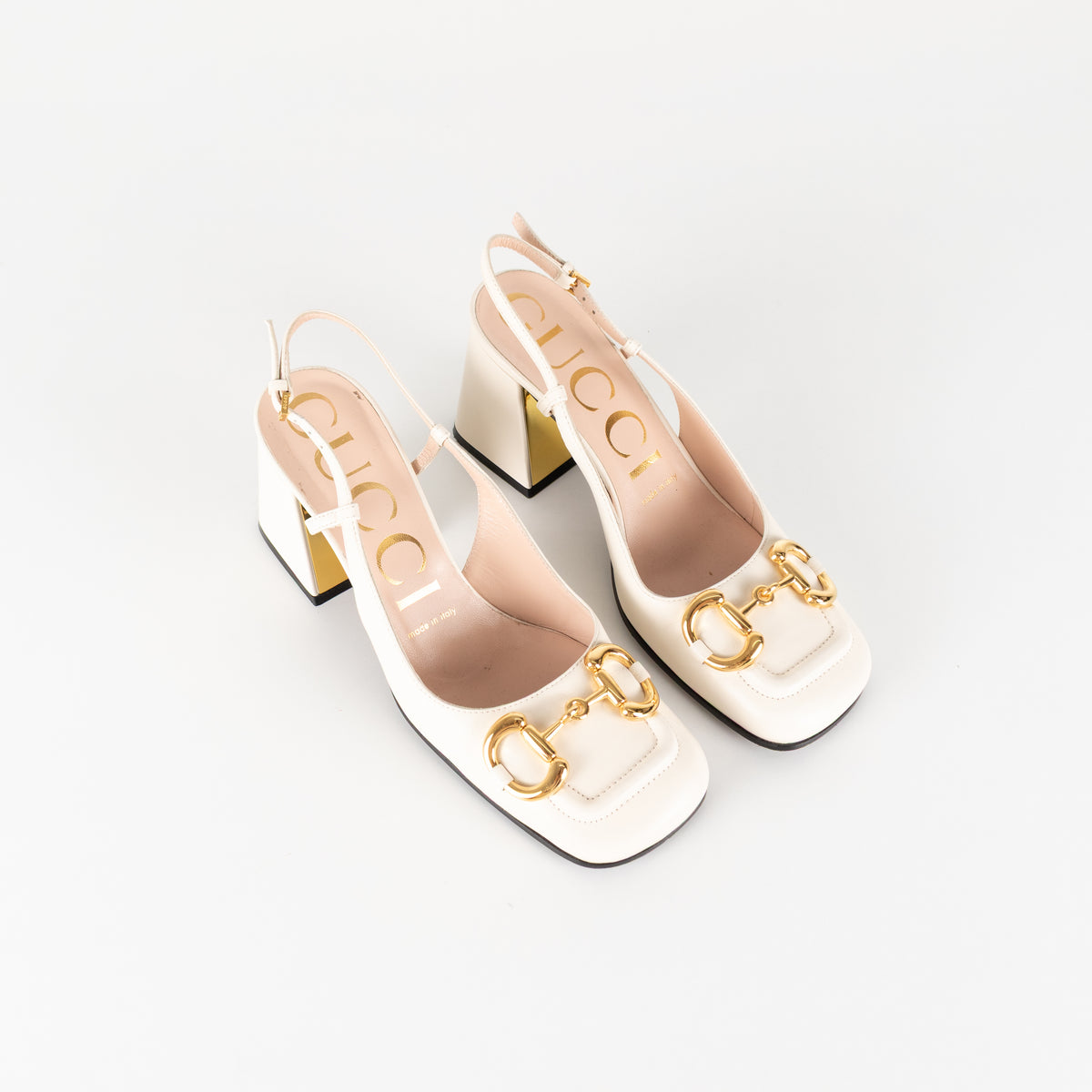 Gucci Cream Horsebit Heeled Slingbacks
