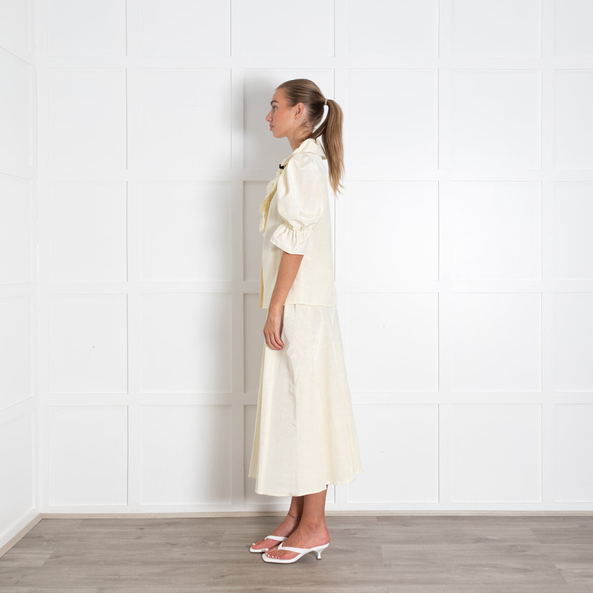 Batsheva Yellow Faux Pearl Button Puff Sleeve Blouse