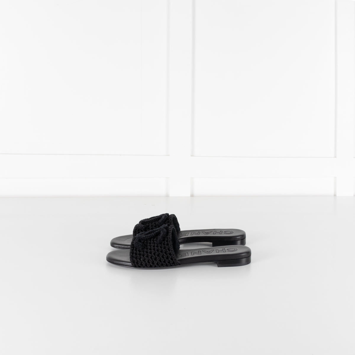 Chanel Black Crochet CC Sliders