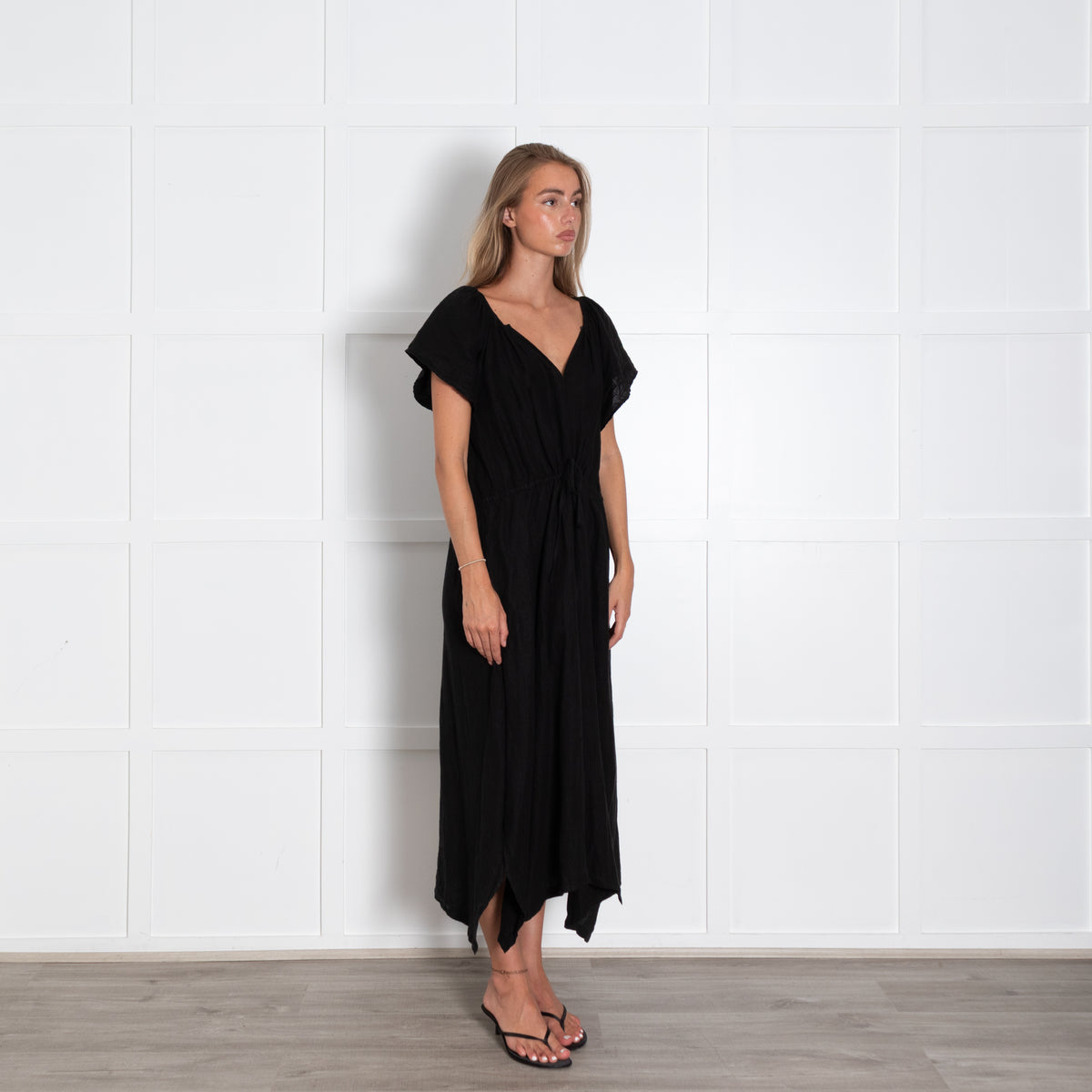 Velvet Black Cap Sleeve Linen Dress With Drawstring Waist