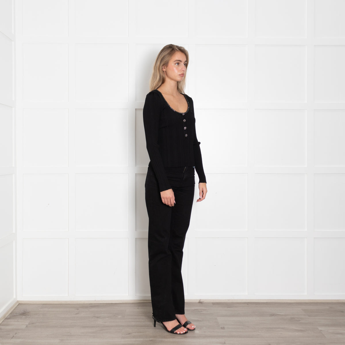 Self Portrait Black Knit Top with Diamante Trim