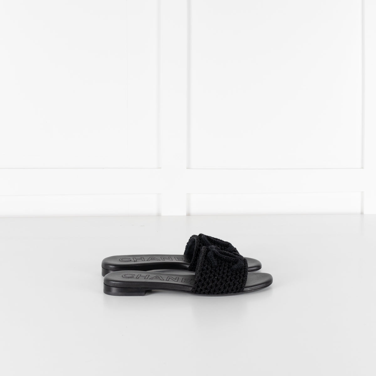 Chanel Black Crochet CC Sliders
