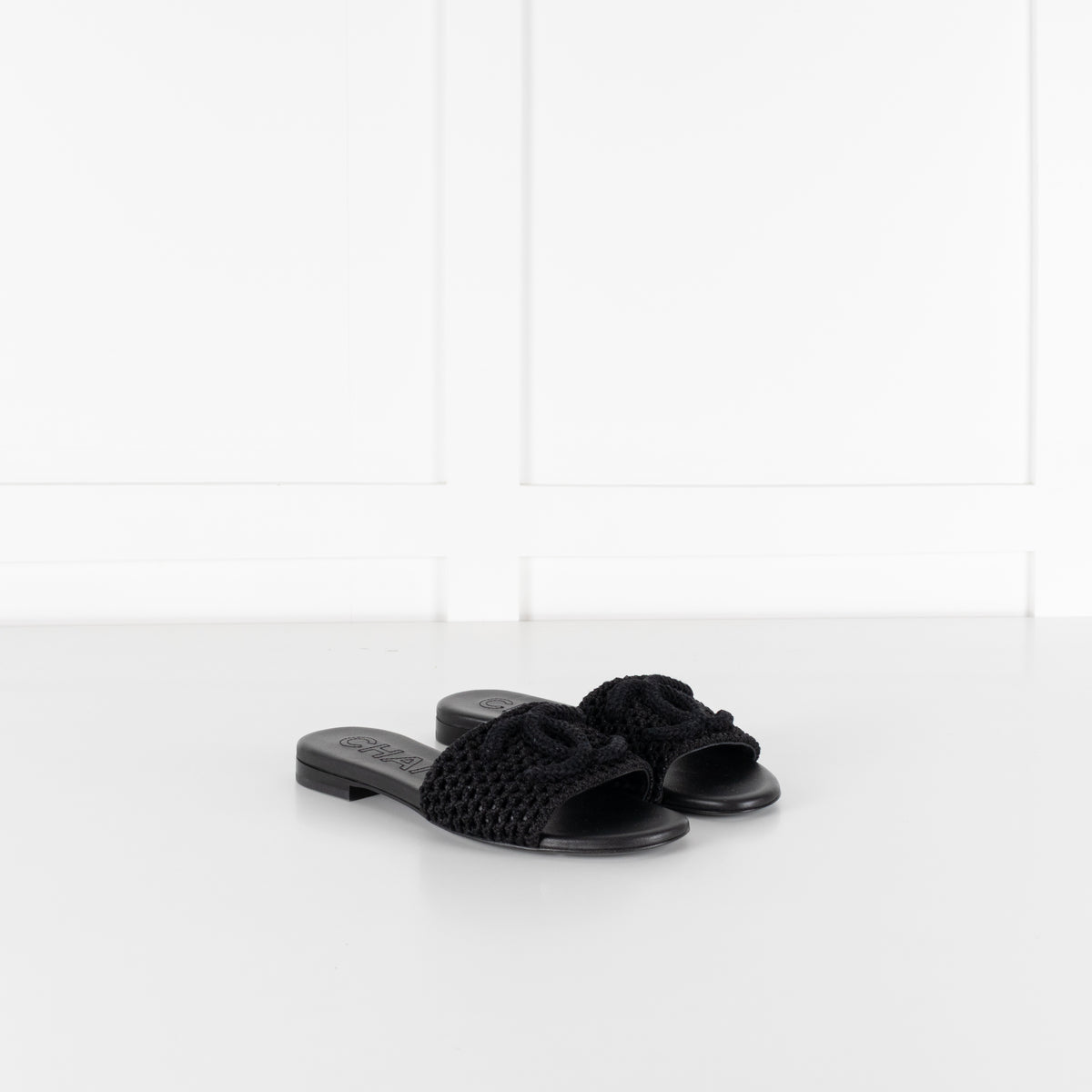 Chanel Black Crochet CC Sliders