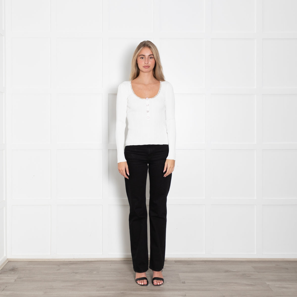 Self Portrait White Knit Top with Diamante Trim