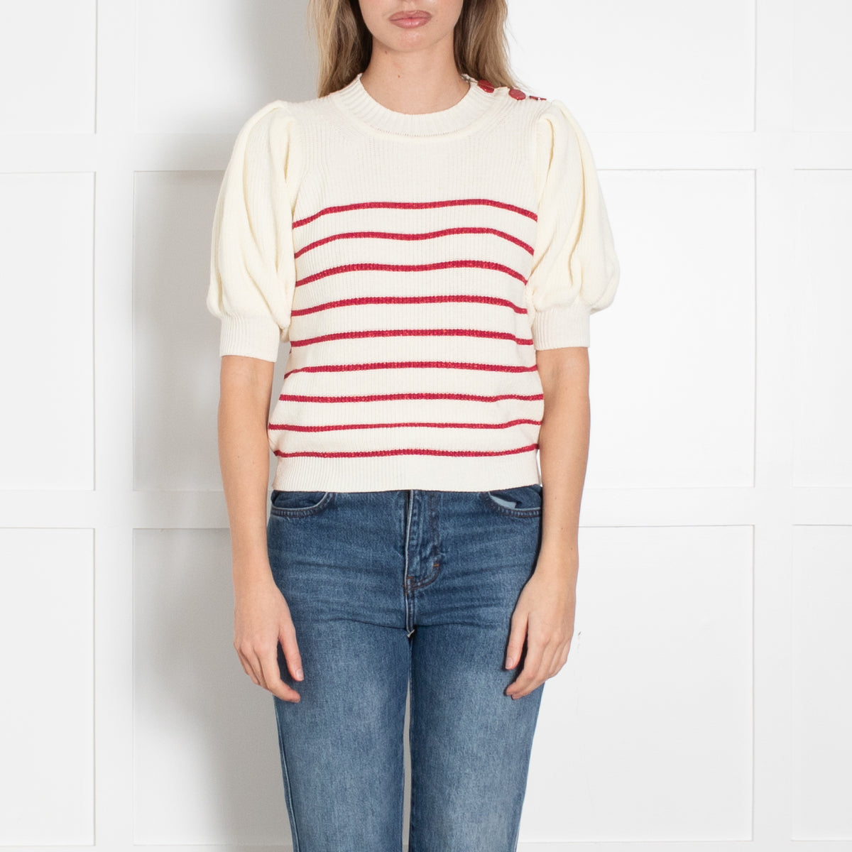 Ba & Sh Cream Red Lurex Striped Short Sleeve Sweater