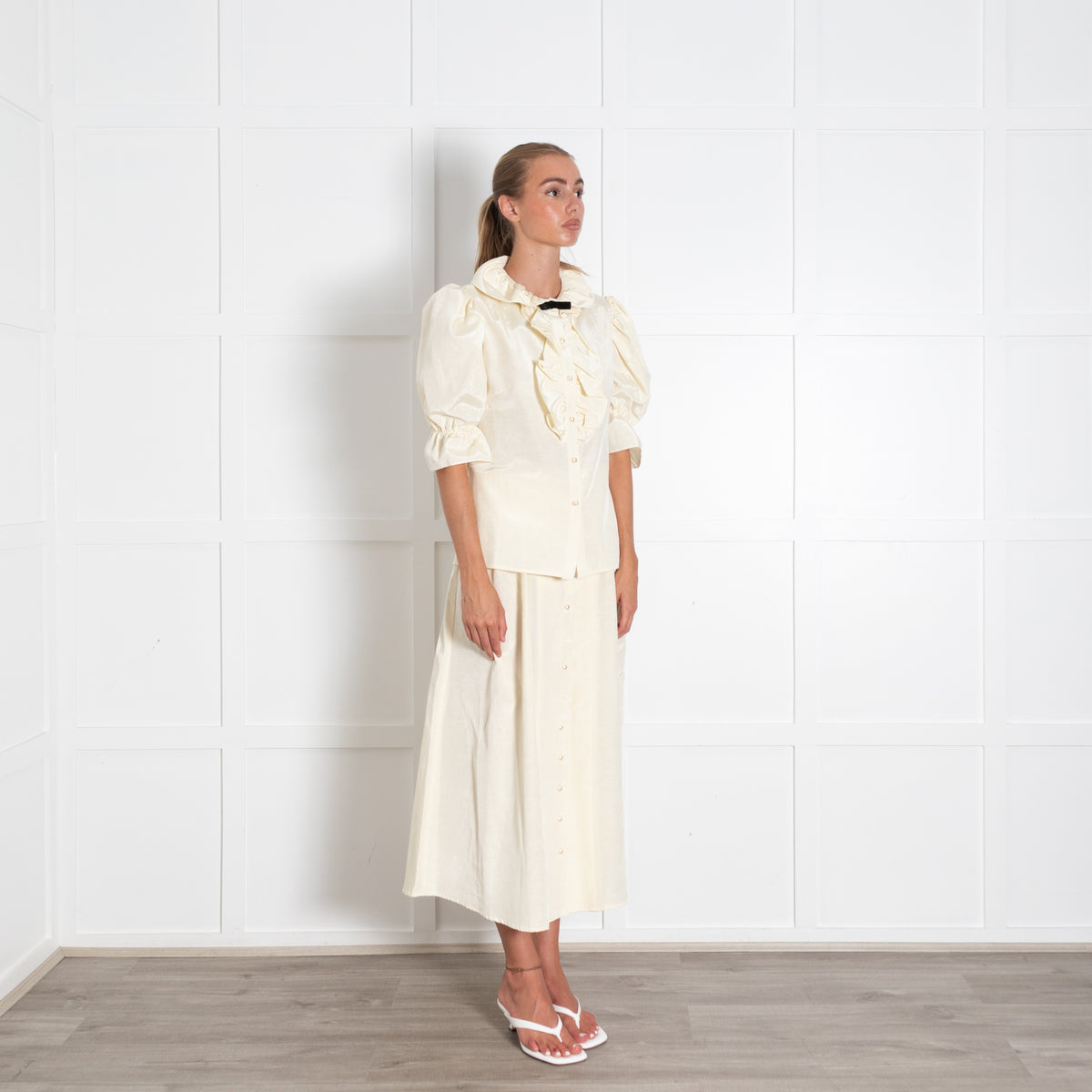 Batsheva Yellow Faux Pearl Button Puff Sleeve Blouse
