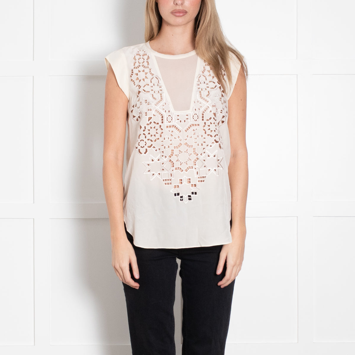 Rebecca Taylor Cream Embroidered Sleeveless Top