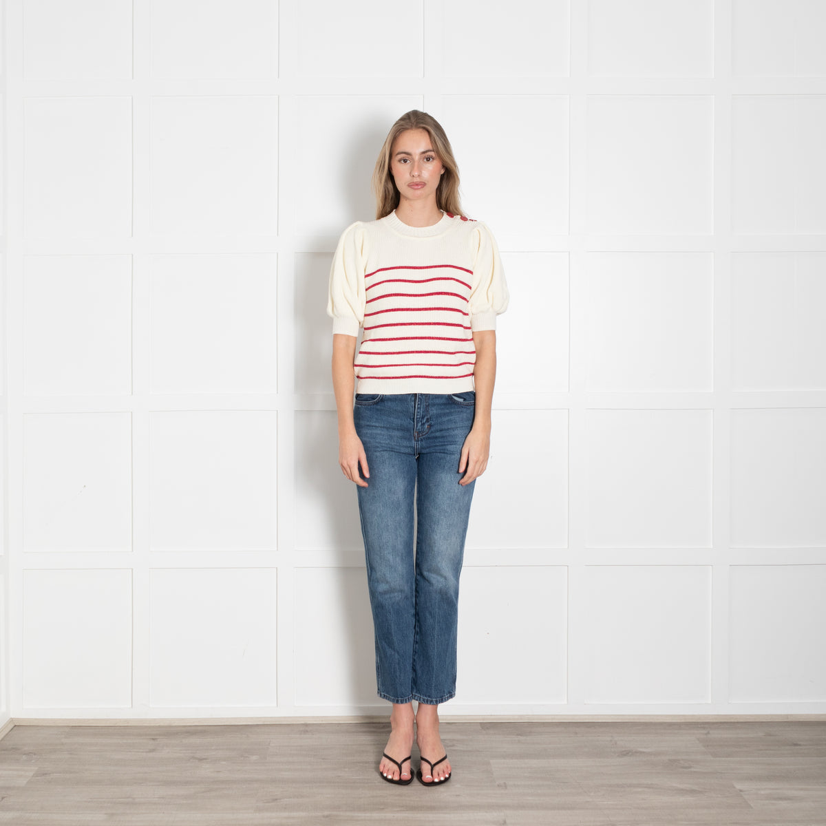 Ba & Sh Cream Red Lurex Striped Short Sleeve Sweater